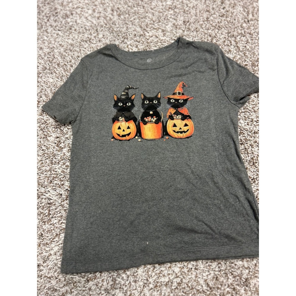 Vintage Threadz Kids Halloween Black Cats Pumpkins Graphic Tee Gray XL - Picture 2 of 3
